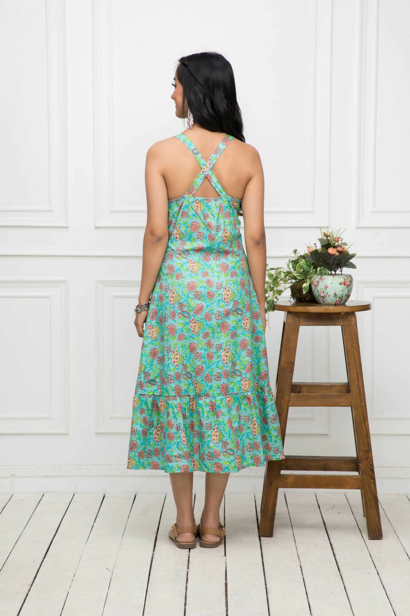 Myshka Women Green Floral Cotton A-Line Round Neck Long Dress - Distacart