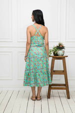 Thumbnail for Myshka Women Green Floral Cotton A-Line Round Neck Long Dress - Distacart