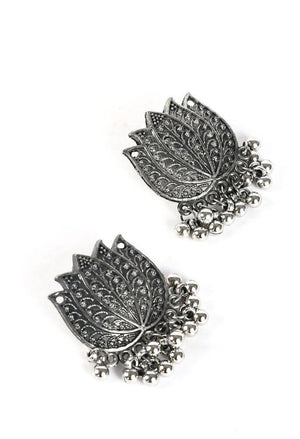 Tehzeeb Creations Silver Colour Oxidised Necklace And Earring With Lotus Design