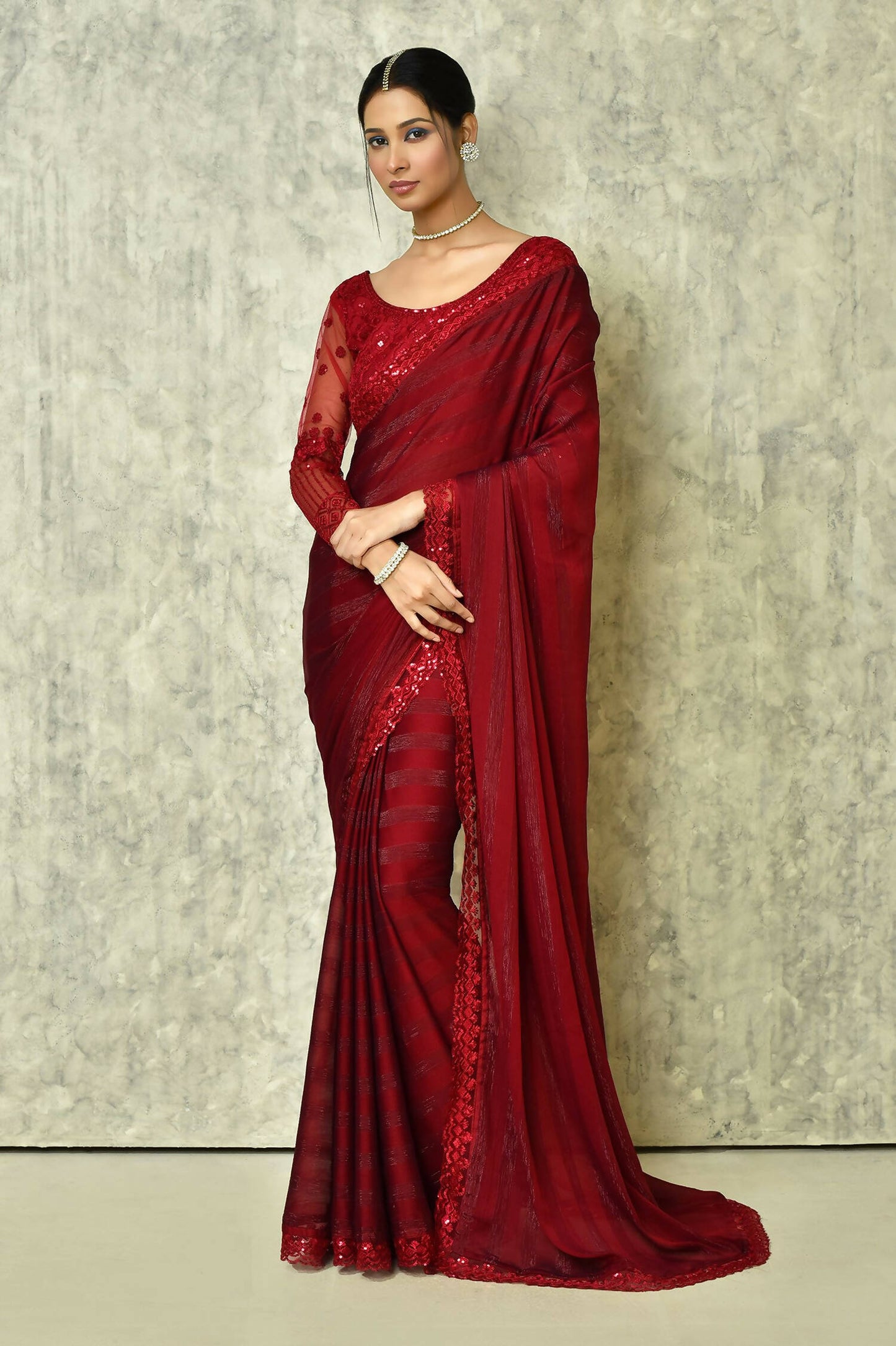 Maroon Silk Stripe Saree With Blouse Piece - Purvi - Distacart