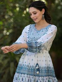 Thumbnail for Juniper Women Off-White Georgette Printed Short Tiered Dress with Embroidered Yoke - Distacart