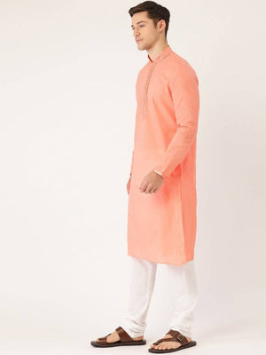 Manyavar Men Peach-Coloured & White Self Design Kurta with Churidar - Distacart