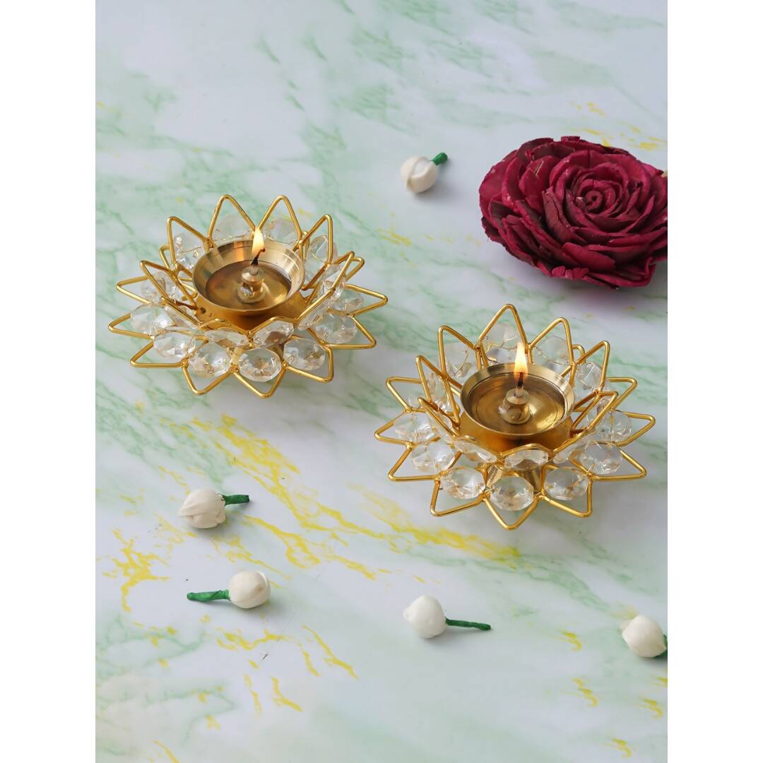eCraftIndia Gold-Toned & White 2 Pieces Crystal Lotus Shape Brass Diyas - Distacart
