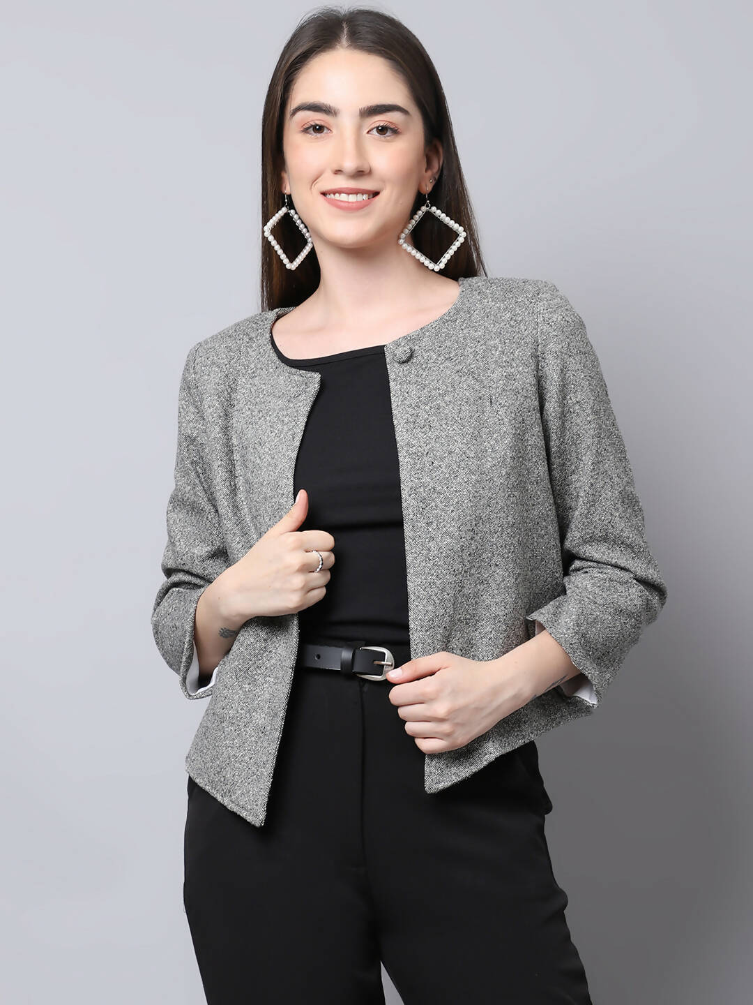 Even Apparels Grey Pure Wool Open Front Statement Women's Jacket - Distacart