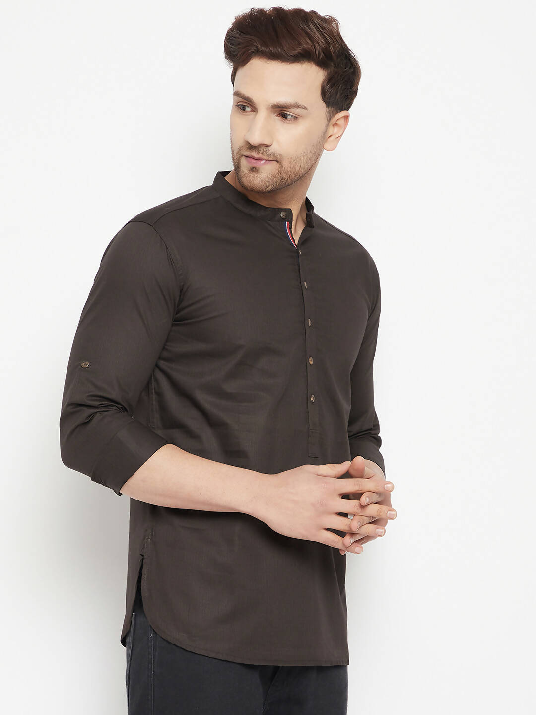 Even Apparels Brown Pure Cotton Long Men's Kurta With Band Collar - Distacart
