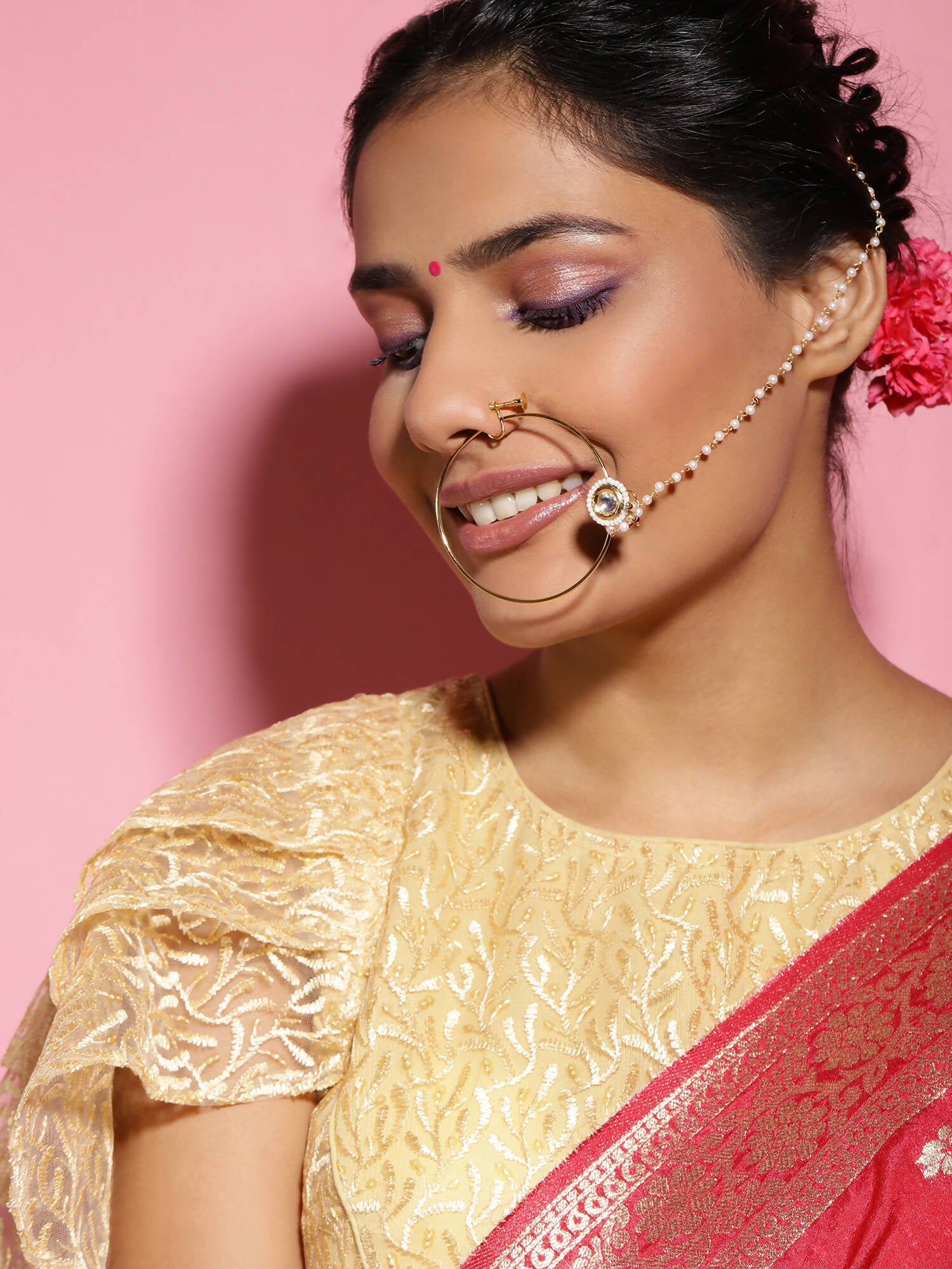 Gold-Plated White Kundan Studded Beaded Nosepin - Ruby Raang - Distacart