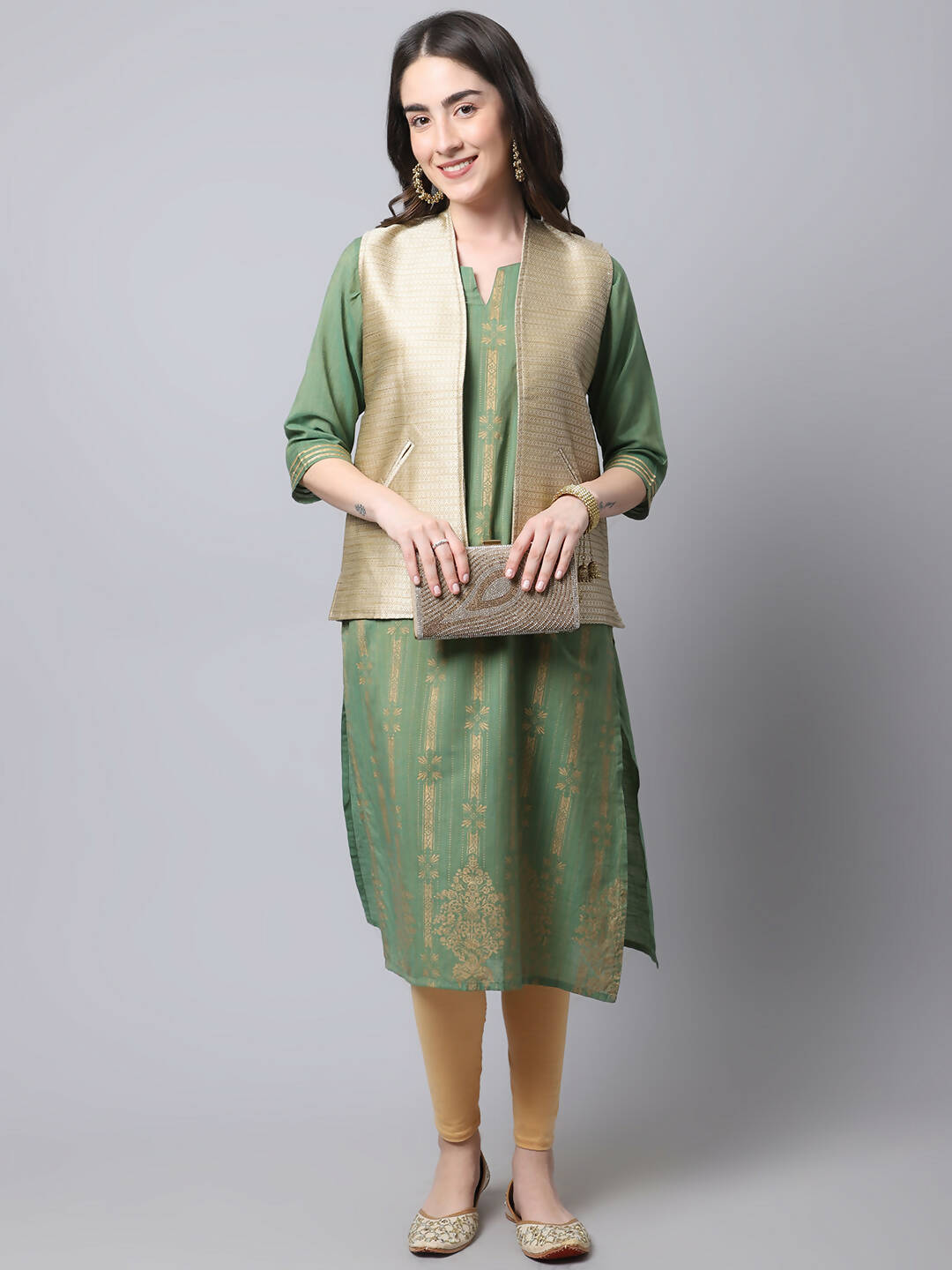 Even Apparels Beige Bansari Silk Open Front Gillet - Distacart