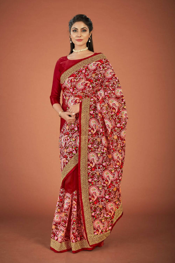 Vamsee Maroon Organza Saree - Distacart