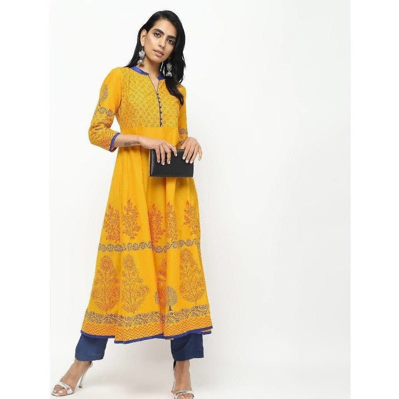 Cheera Front Contrast Butning And Beautiful Block Print Design Anarkali Kurta