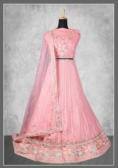 Light Pink Georgette Embroidery & Sequence Work Semi-Stitched Lehenga Choli - Nimaya Kangan - Distacart
