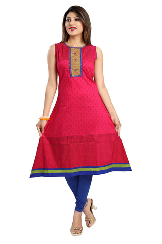 Snehal Creations Bold And Blast Hot Pink Raw Silk Sleeveless Kurti Tunic - Distacart