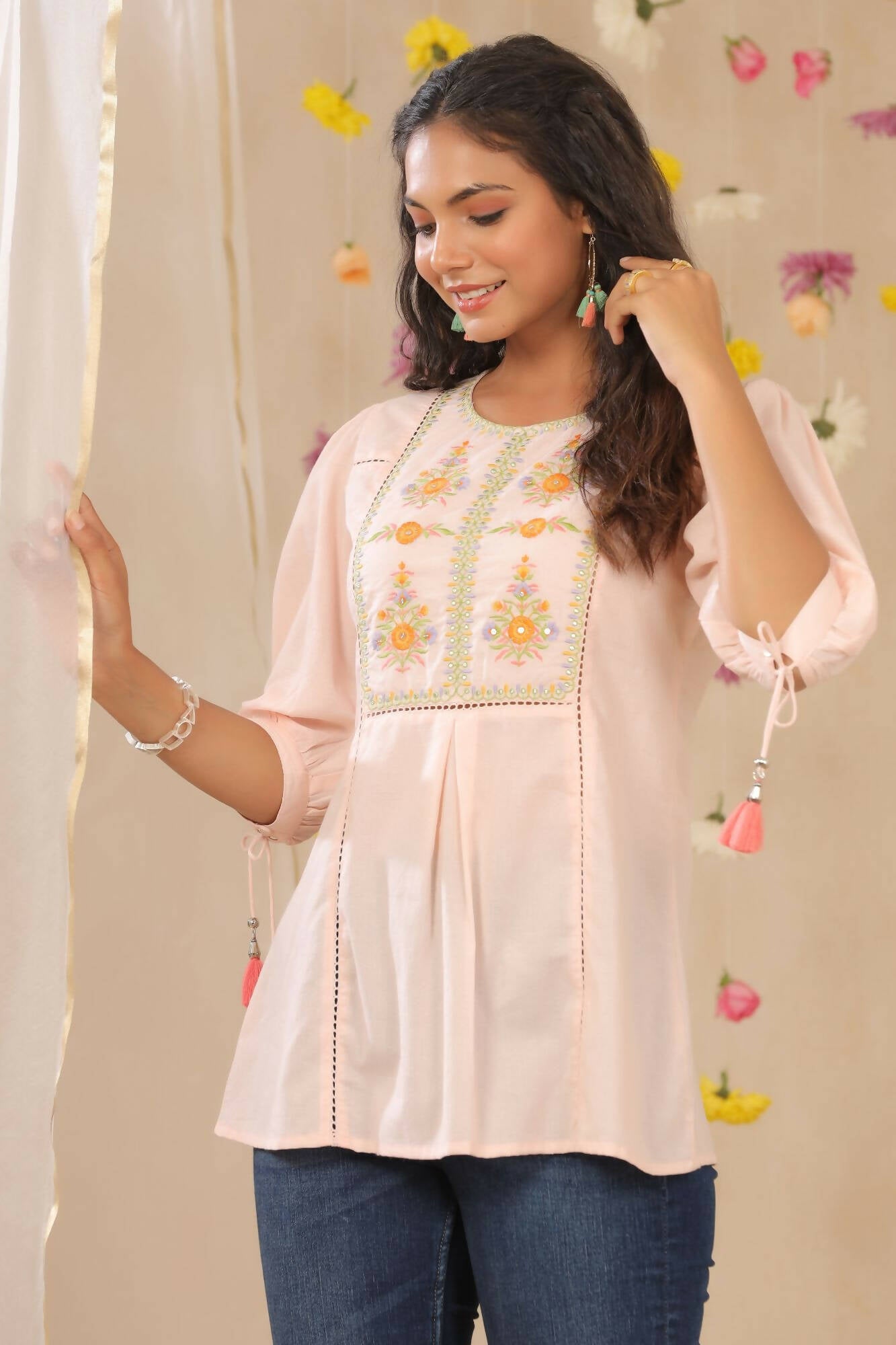 Juniper Women Peach Cotton Dobby Embroidered A-Line Tunic - Distacart