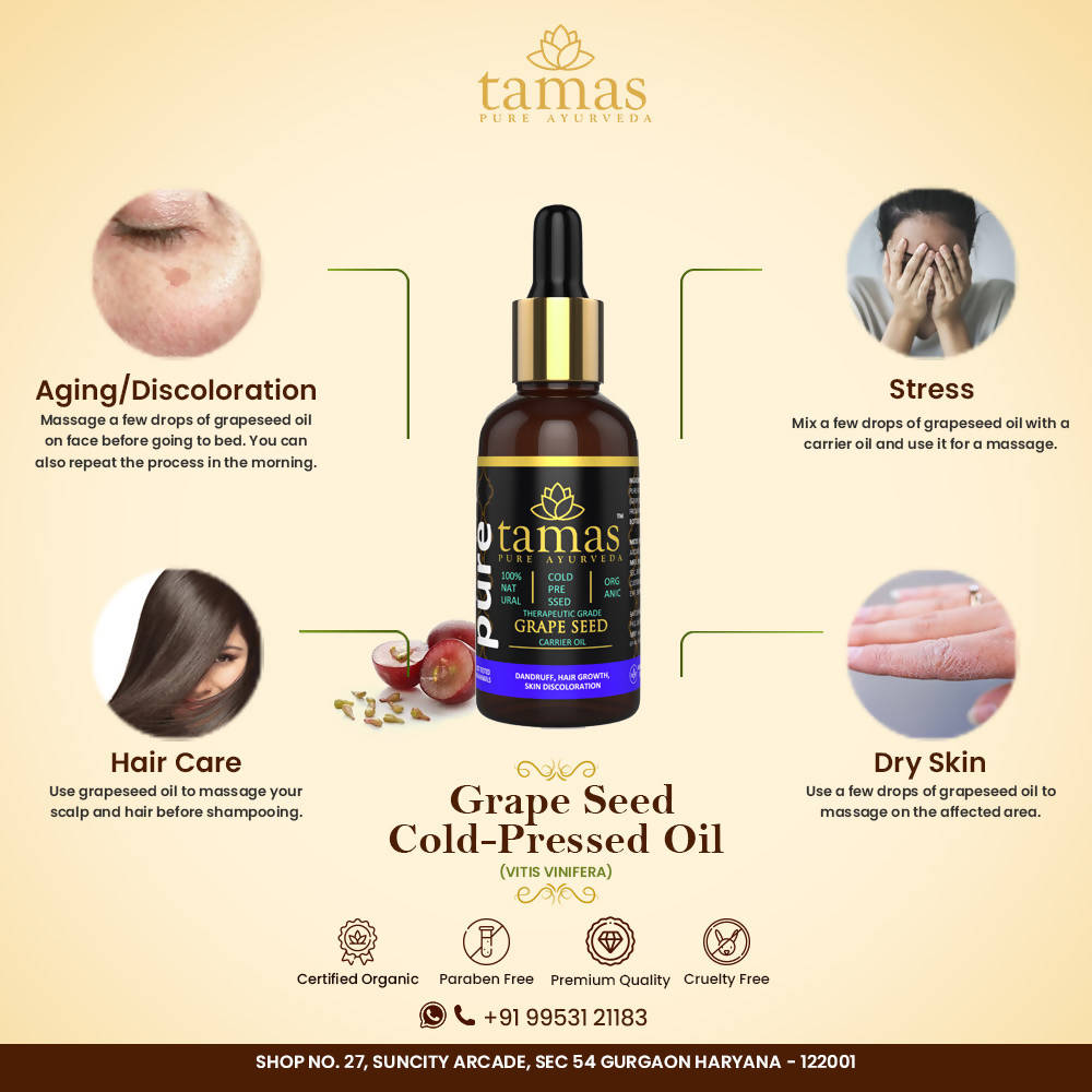 Tamas Pure Ayurveda 100% Organic Grape Seed Cold Pressed Carrier Oil- USDA Certified Organic- 30ML - Distacart
