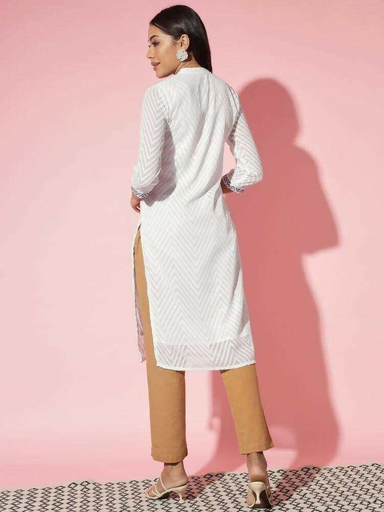 Myshka Women White Solid Georgette Straight V-Neck Kurtas - Distacart