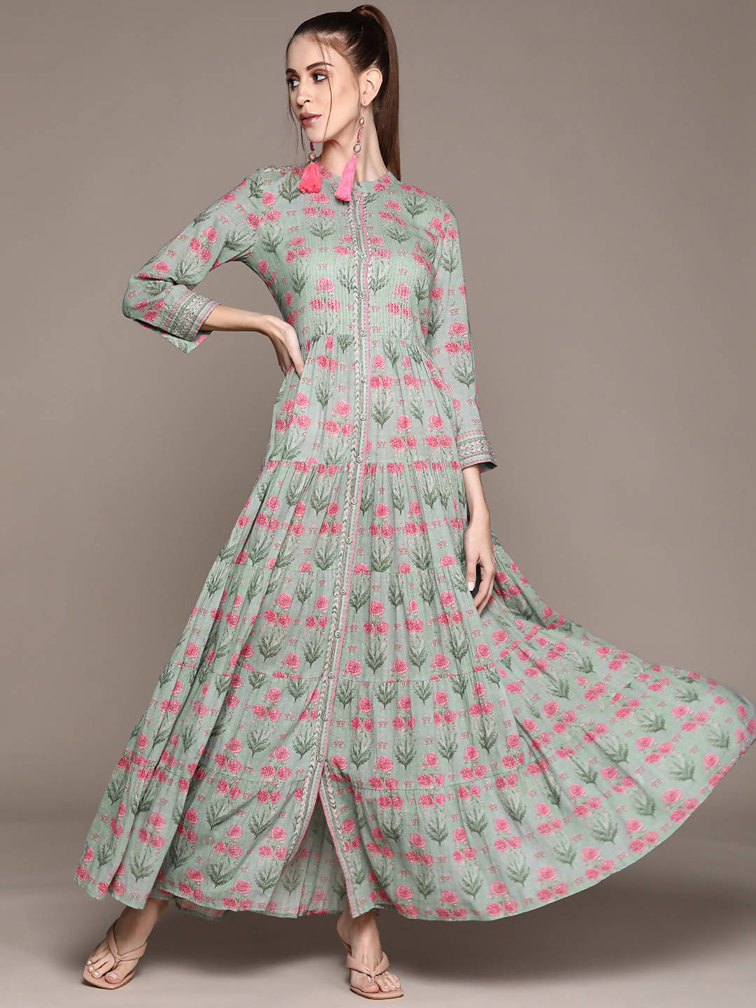 Ritu Kumar Grey & Green Floral Ethnic Maxi Dress - Distacart