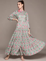 Thumbnail for Ritu Kumar Grey & Green Floral Ethnic Maxi Dress - Distacart
