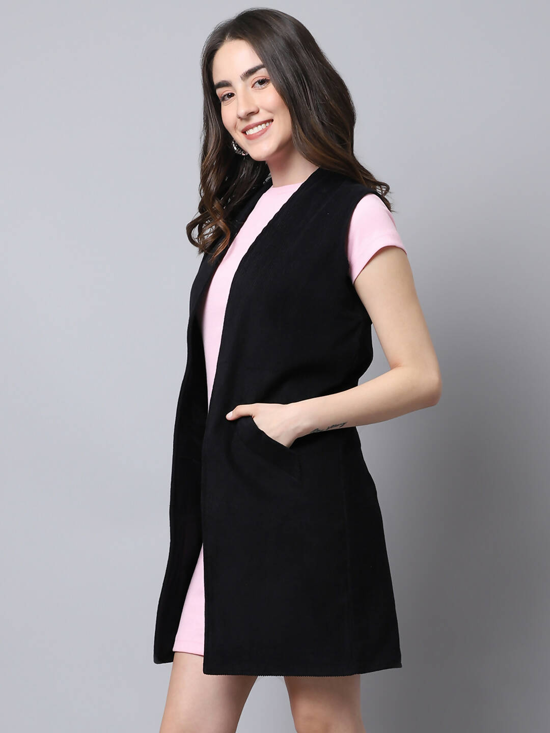 Even Apparels Black Polywool Open Front Corduroy Women's Long Coat - Distacart