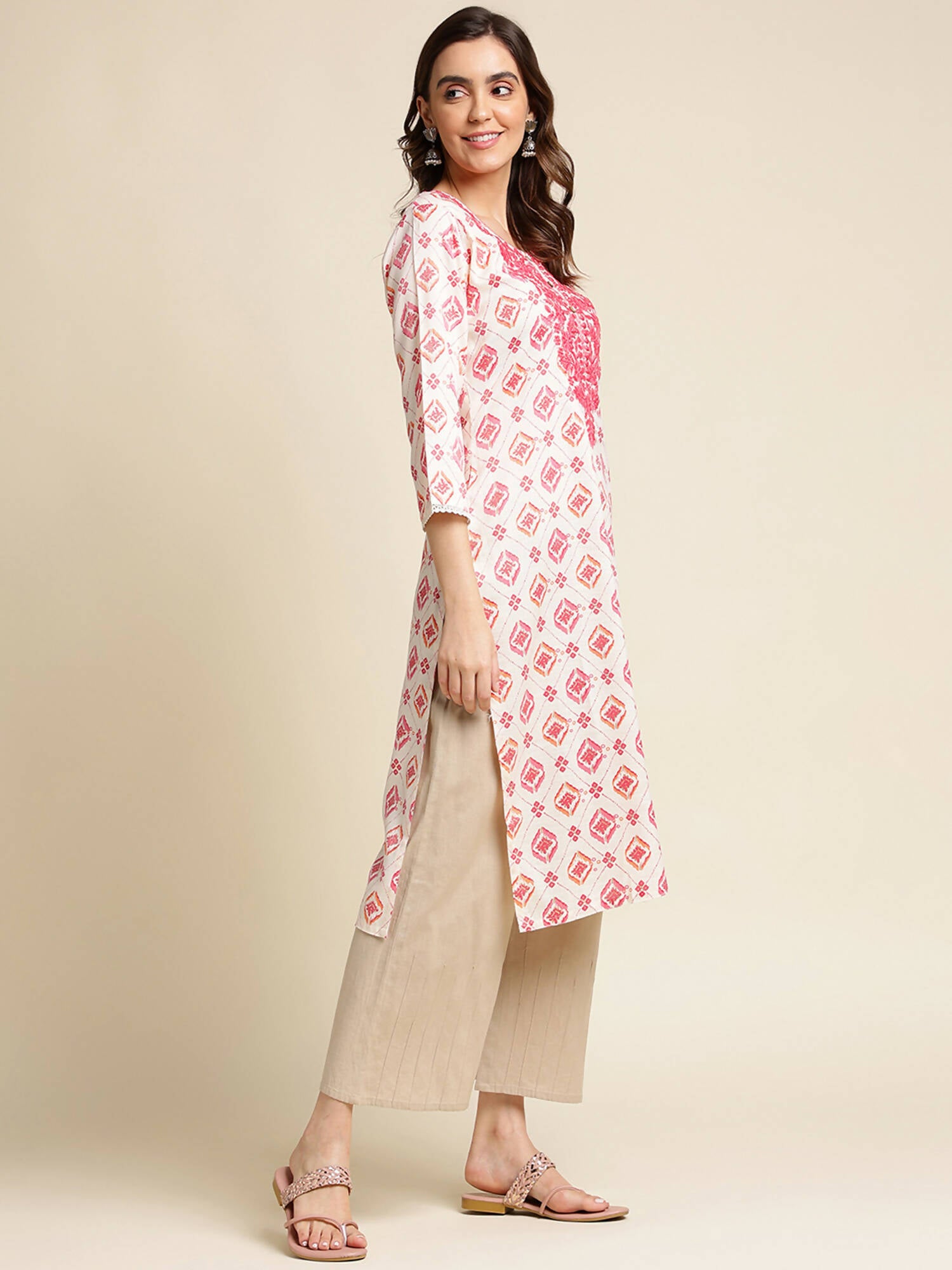 Pink Poly Rayon Aztec Printed Straight Fit Kurta - Prasuti - Distacart