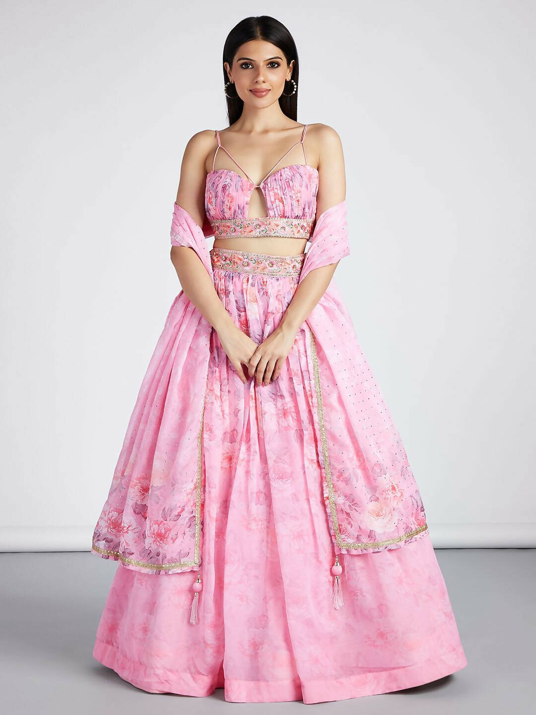 House of Panchhi Coral colour Organza Floral design digital print Semi-Stitched Lehenga choli & Dupatta - Distacart