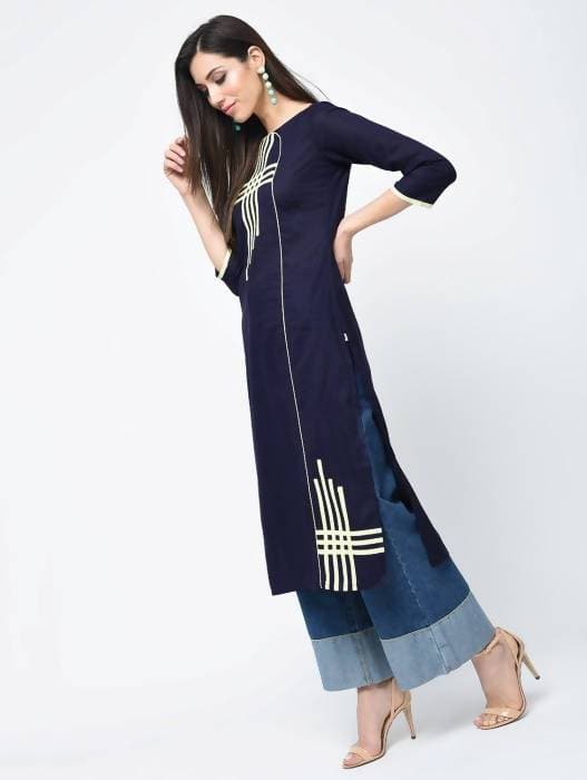 Aniyah Cotton Straight Kurta Blue Color With Patchwork (AN-106K)