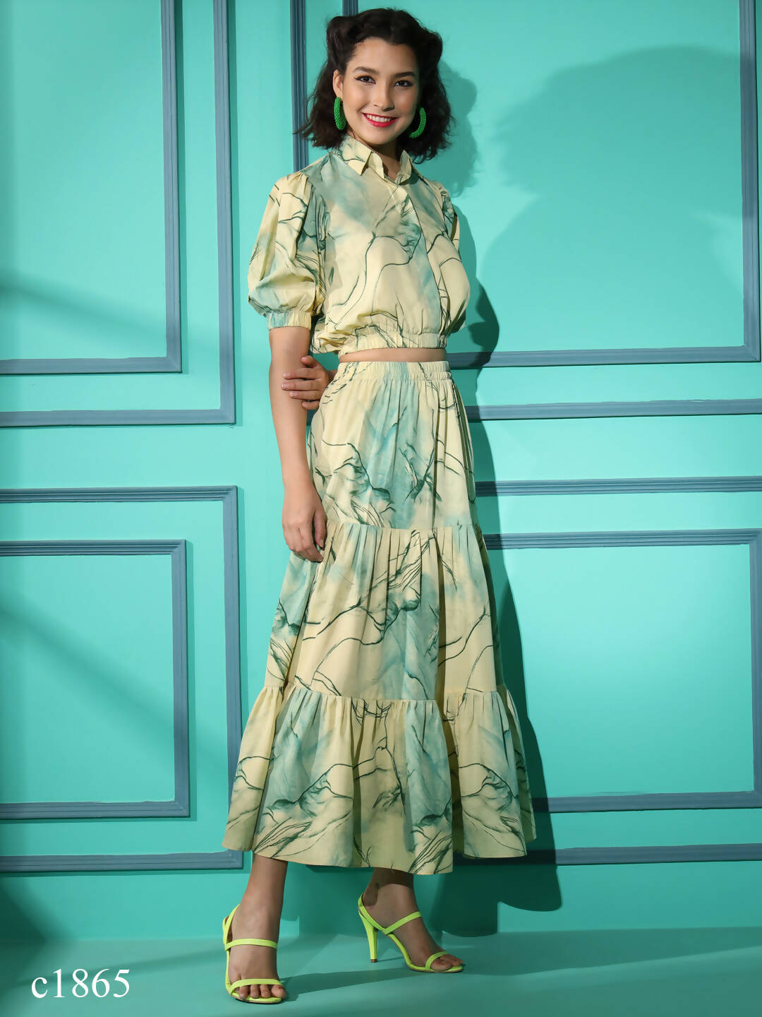 Green Rayon Tie dye Printed Top with Matching Skirt - Shivani - Distacart