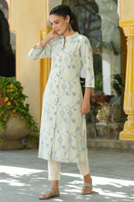 Thumbnail for Juniper Women's Sky Blue Rayon Staple Printed A-Line Kurta - Distacart