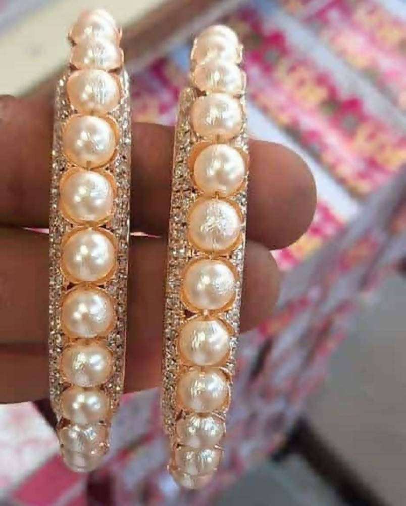 Mominos Fashion Trendy Gold Plated American Diamond & Pearls Design Bangles Online