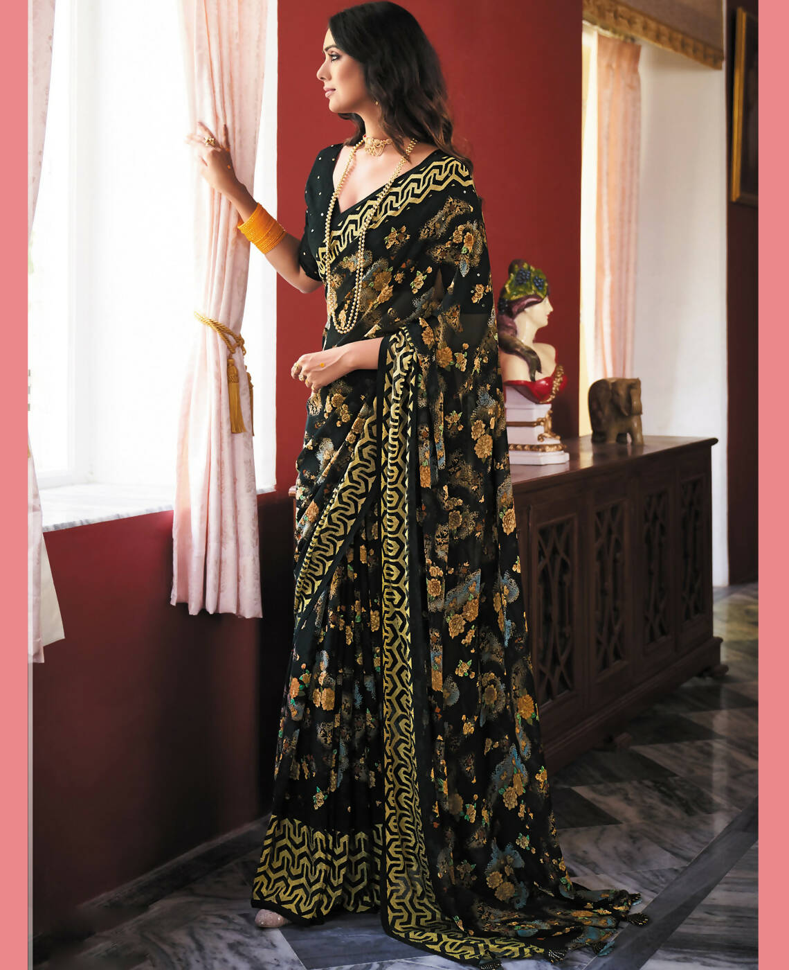 Black Georgette Brasso Floral Printed Saree With Unstitched Blouse Piece - Zyanya - Distacart