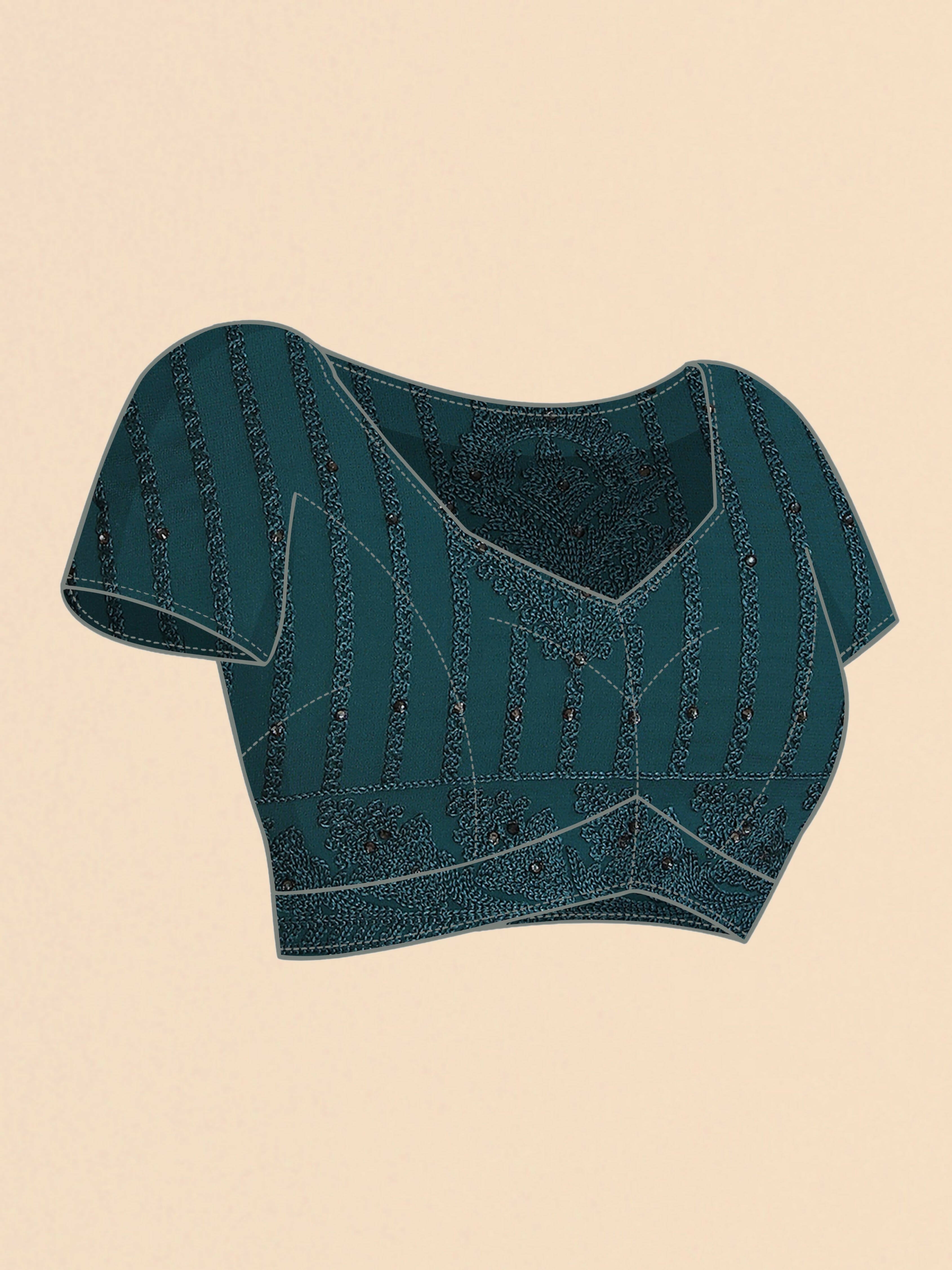Teal Georgette Embroidered and Stone Work Saree with Unstitched Blouse Piece - Roozal - Distacart