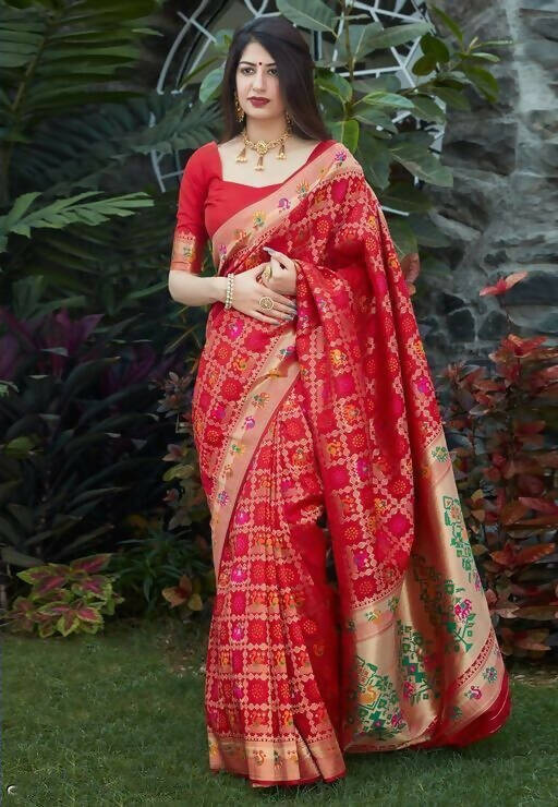 DEIANA'S Beautiful Golden Jari with New Design Soft Lichi Silk Saree - Red - Distacart