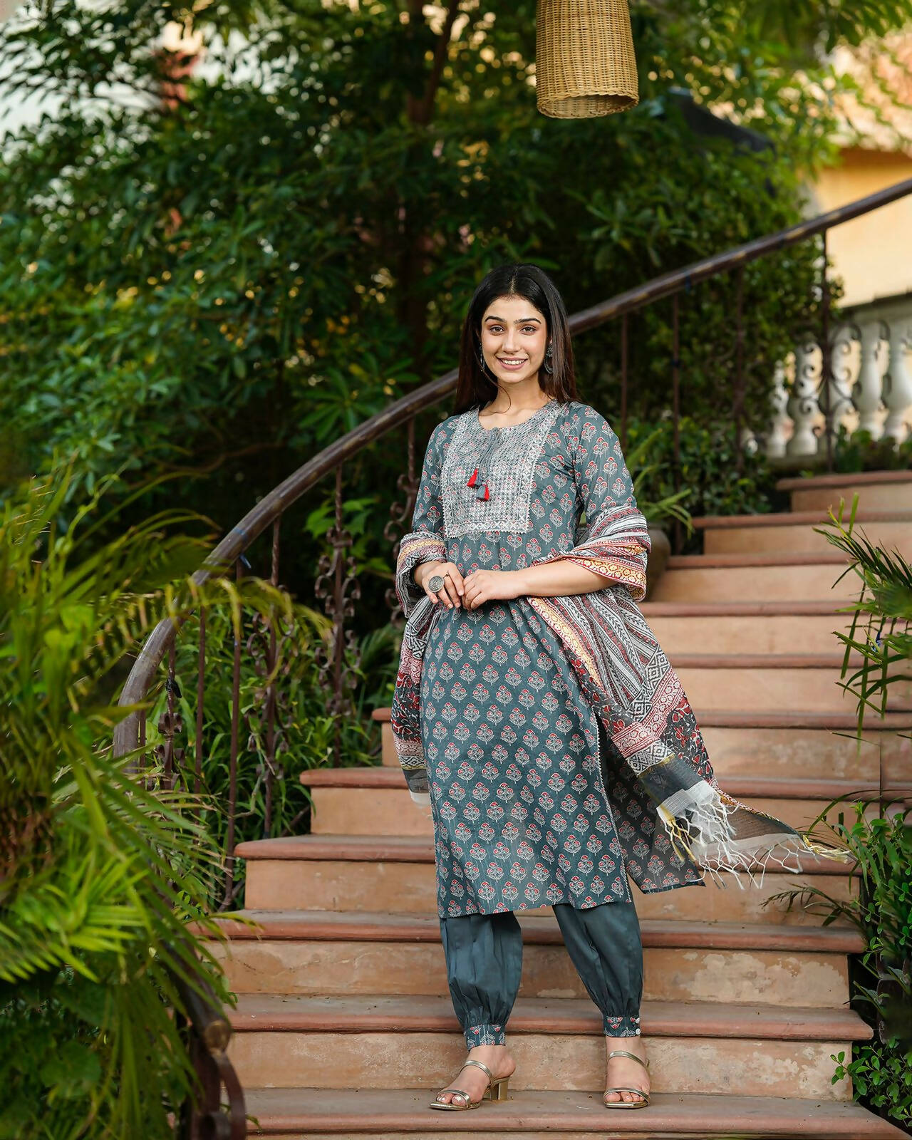 Juniper Women's Grey Cotton Printed Straight Kurta Pant Dupatta Set - Distacart