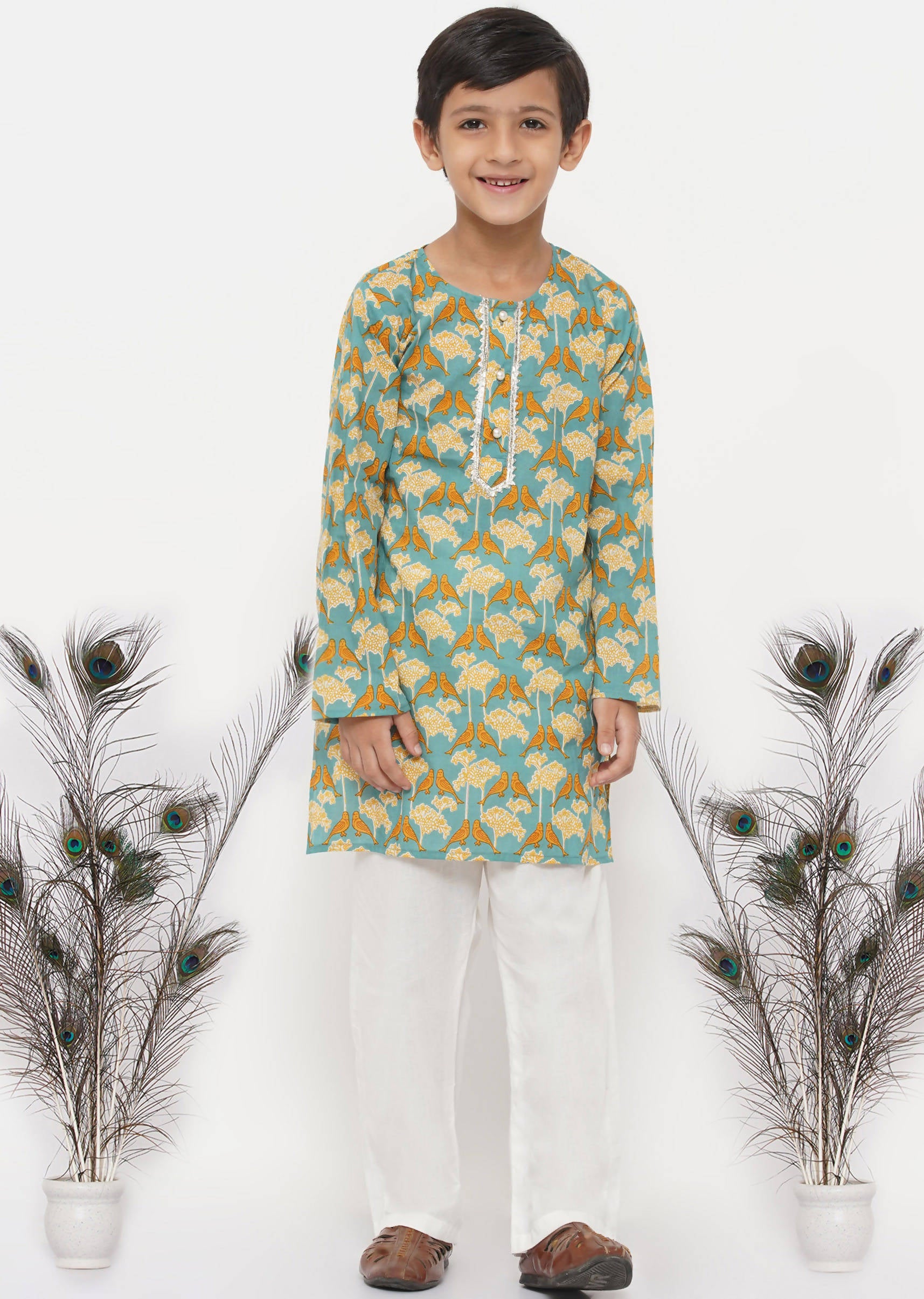 Little Bansi Cotton Bird Print Kurta with Pearl Buttons & Pyjama -Blue & Cream - Distacart