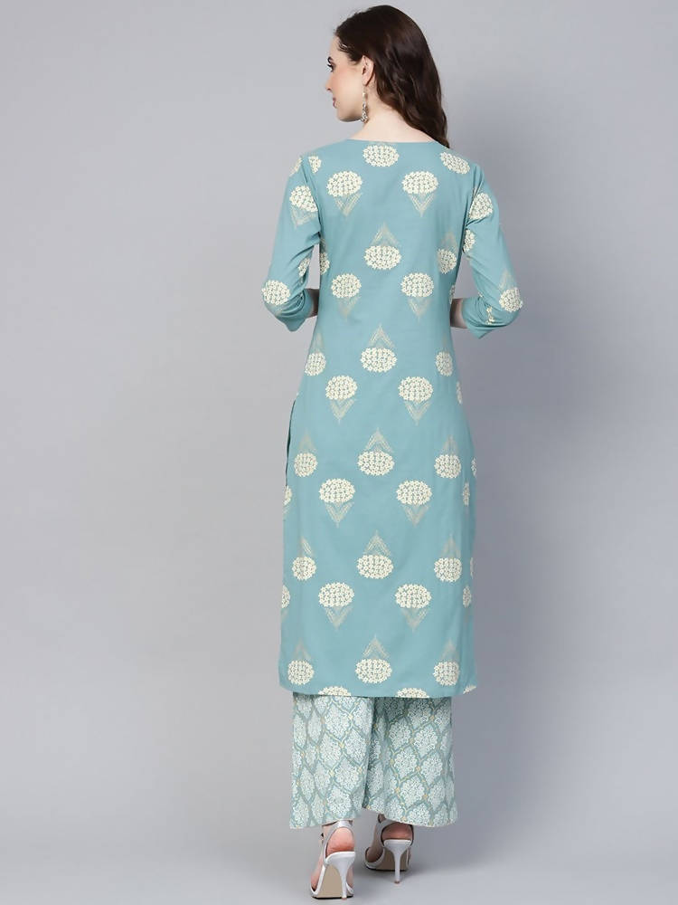 Yufta Women Blue & Off-White Printed Kurta with Palazzo