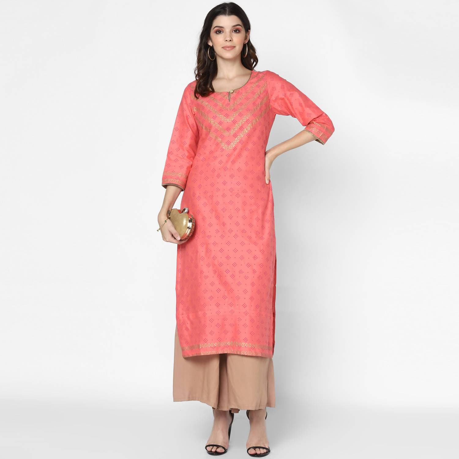 Cheera Hand Block Print Pitch & Skin Color Straight Kurta With Palazzo (MAAI-072K)