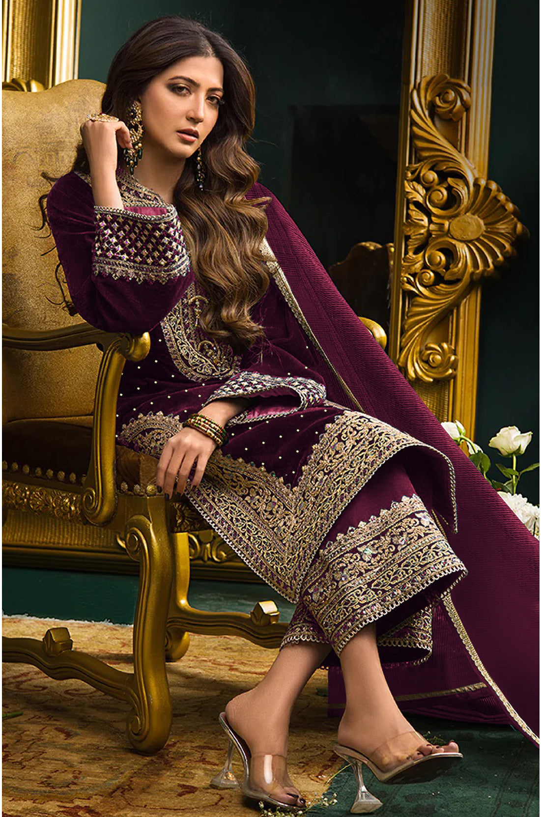 Lorenvalley Fashion Women Purple Velvet Embroidered Salwar Suit Material - Distacart