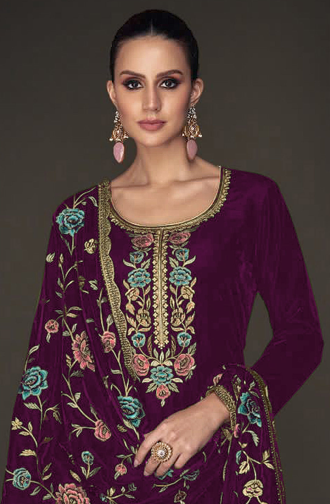 Lorenvalley Fashion Women Purple Velvet Embroidered Salwar Suit Material - Distacart