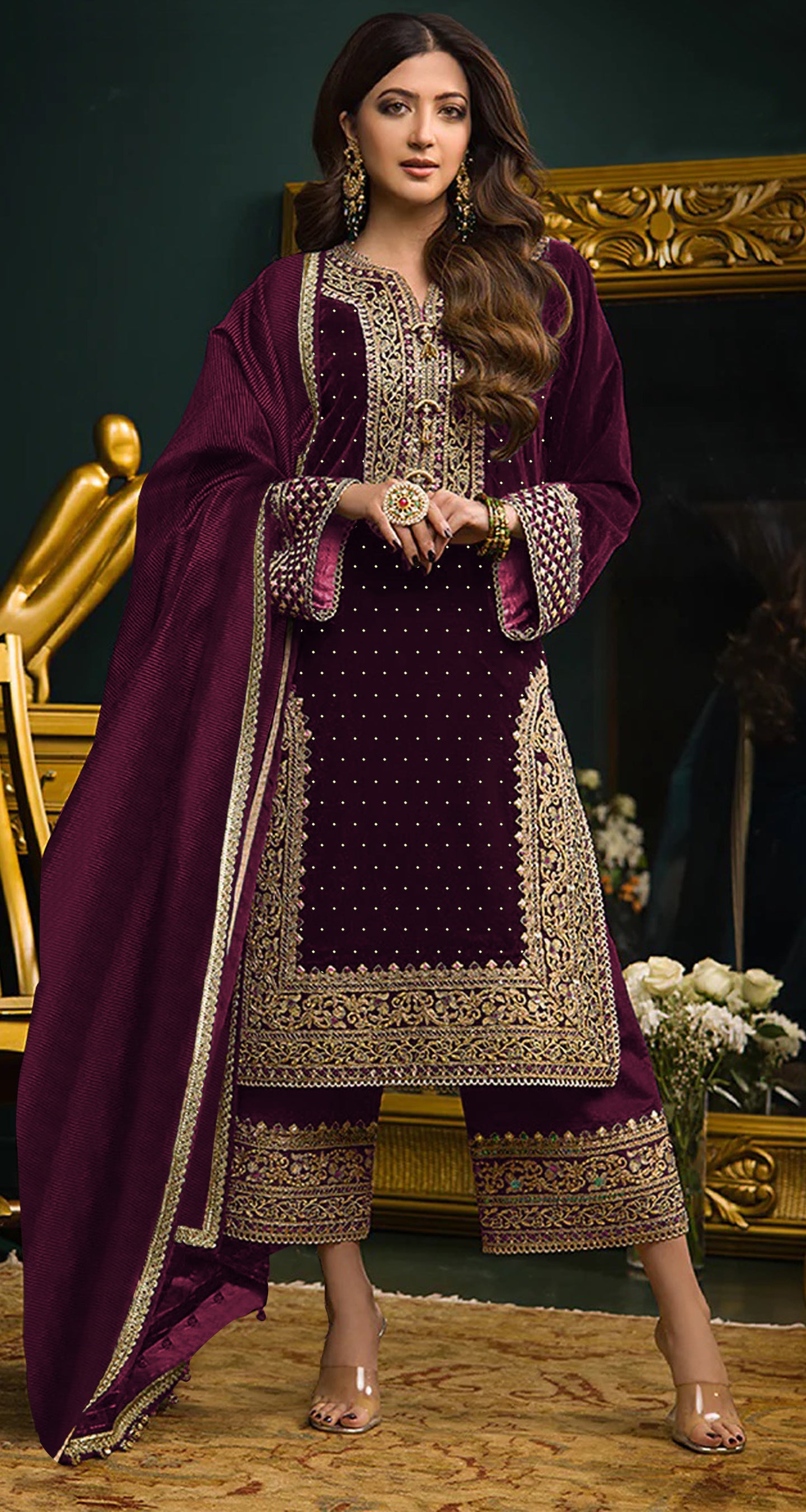 Lorenvalley Fashion Women Purple Velvet Embroidered Salwar Suit Material - Distacart