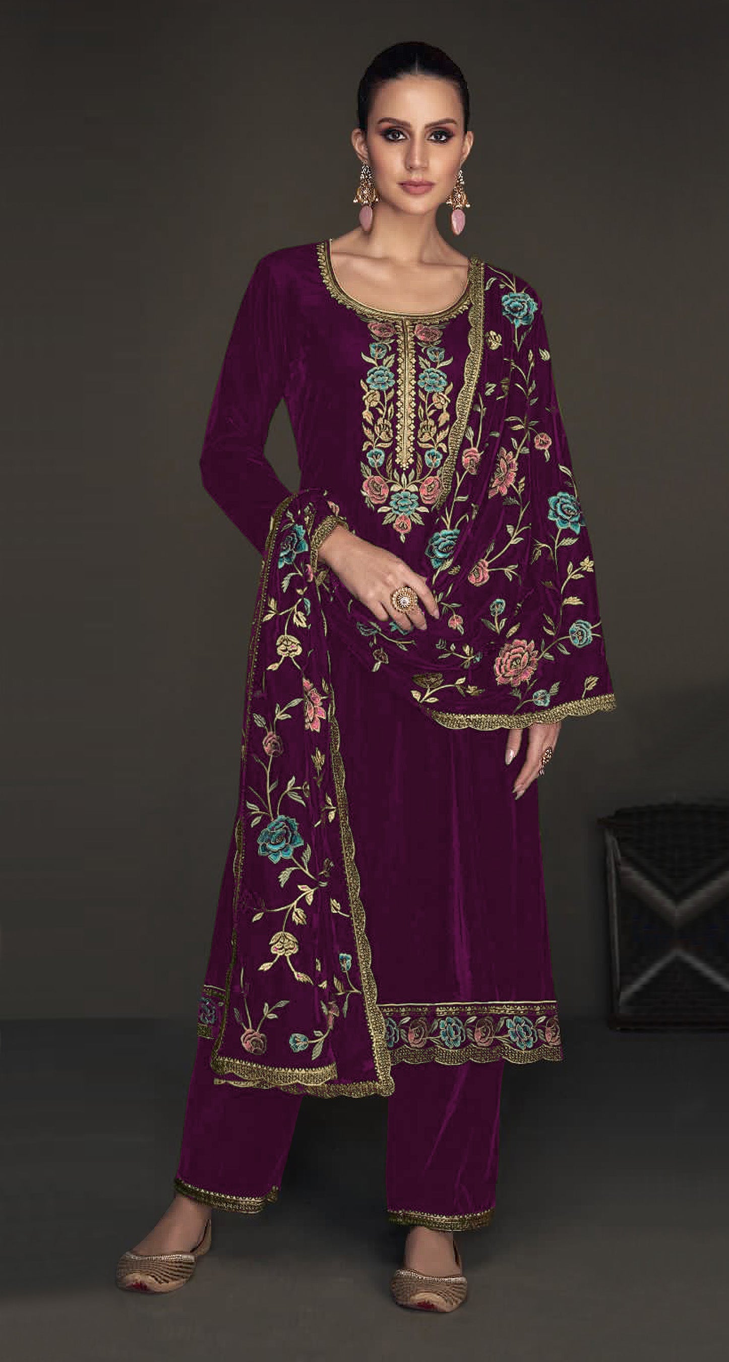 Lorenvalley Fashion Women Purple Velvet Embroidered Salwar Suit Material - Distacart