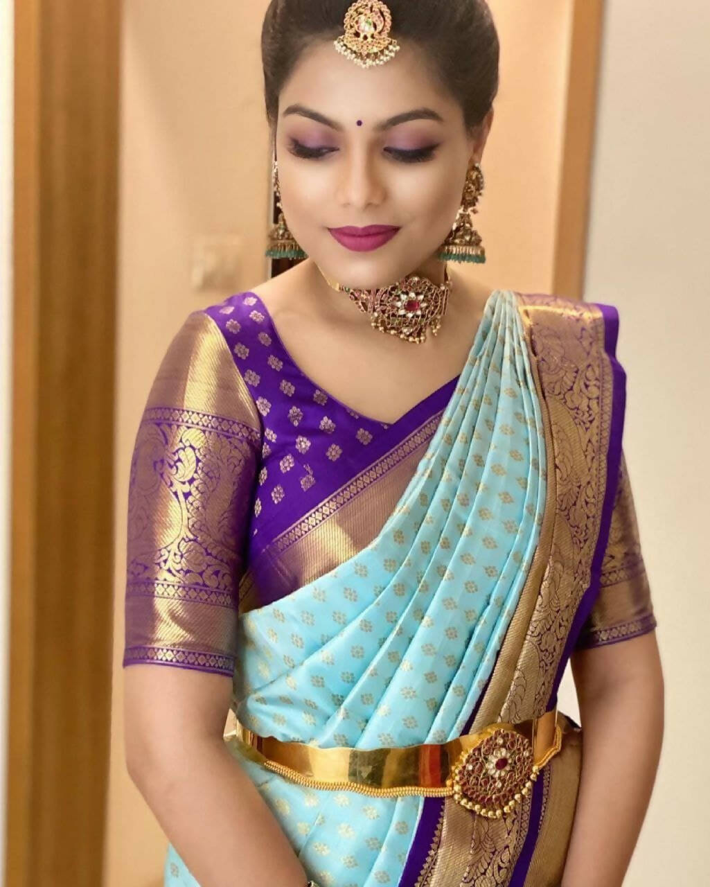 DEIANA'S Beautiful Golden Jari with New Design Soft Lichi Silk Saree - Sky - Distacart