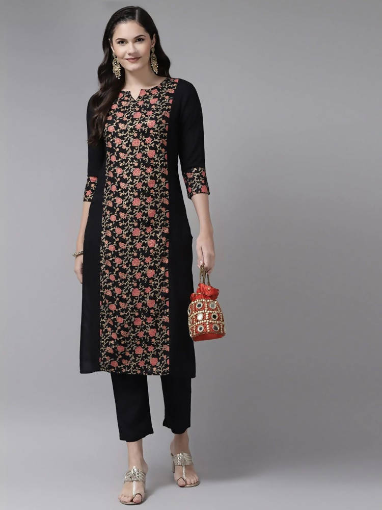 Yufta Women Black Ethnic Motifs Printed Paneled Kurta with Trouser