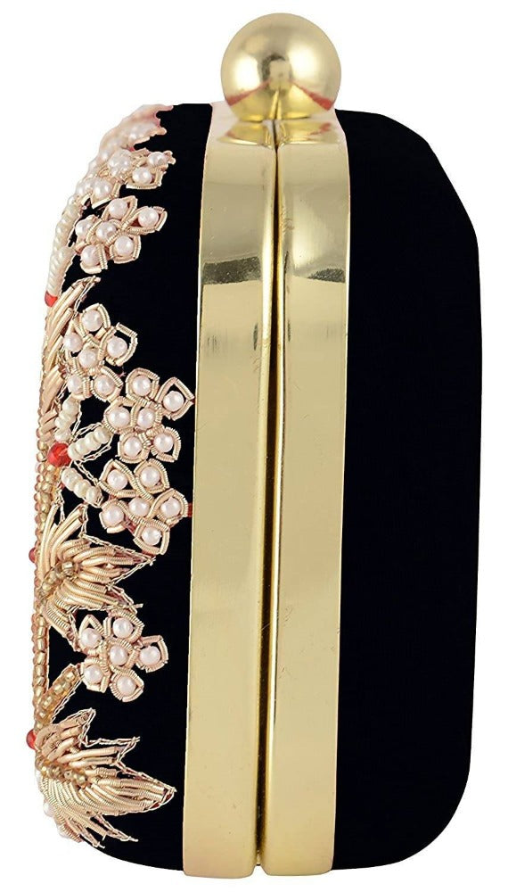 Jaishri Handicrafts Pearl Floral Clutch Carbon Black