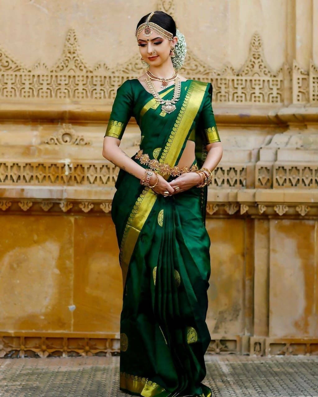 DEIANA'S Beautiful Golden Jari with New Design Soft Lichi Silk Saree - Green - Distacart
