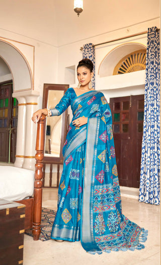Sky Blue Patta Poly Cotton Geometrical Printed Saree With Unstitched Blouse Piece - Shades - Distacart