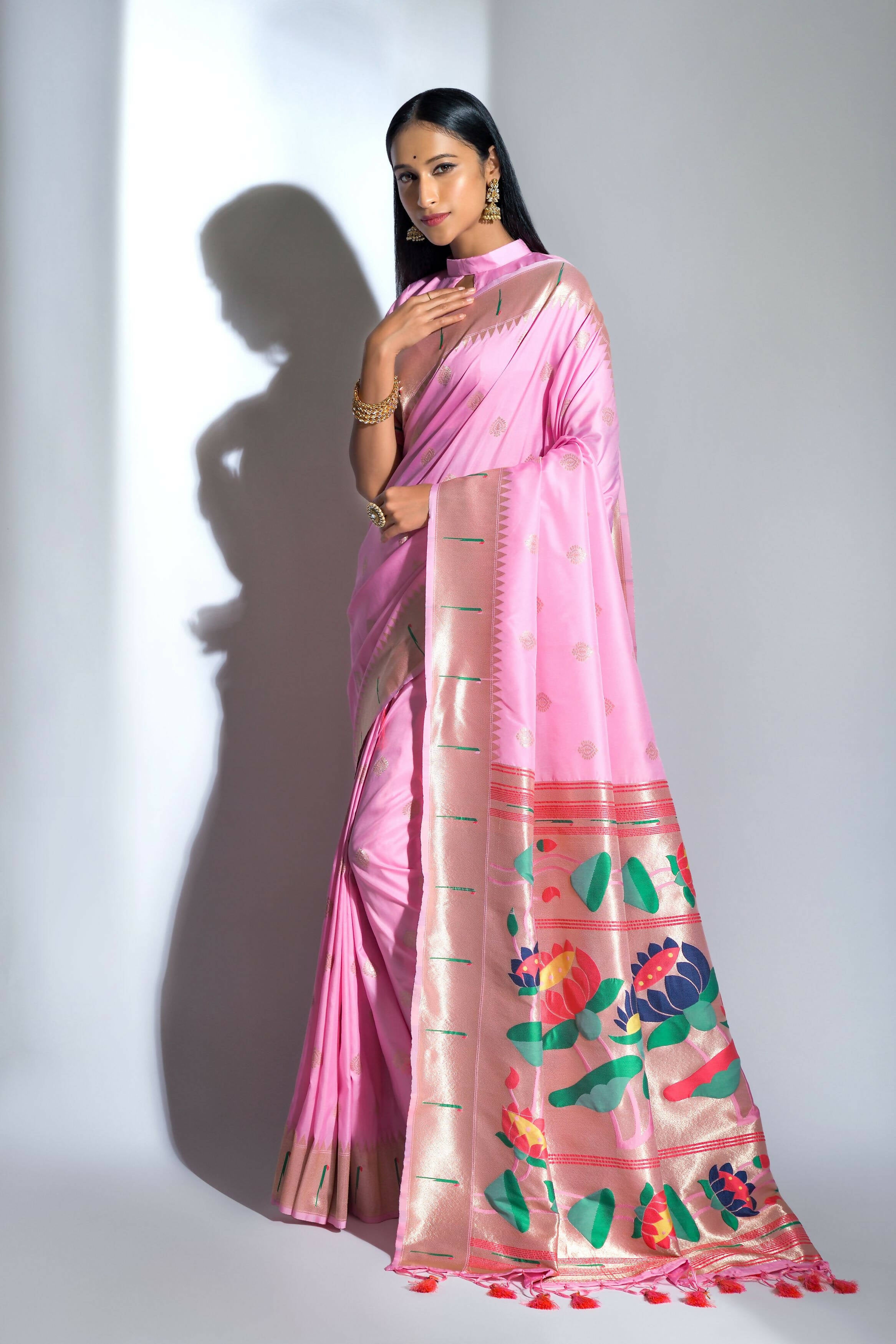 Vishnu Weaves Women's Baby Pink Paithani Silk Zari Woven Saree with Unstitched Blouse - Distacart