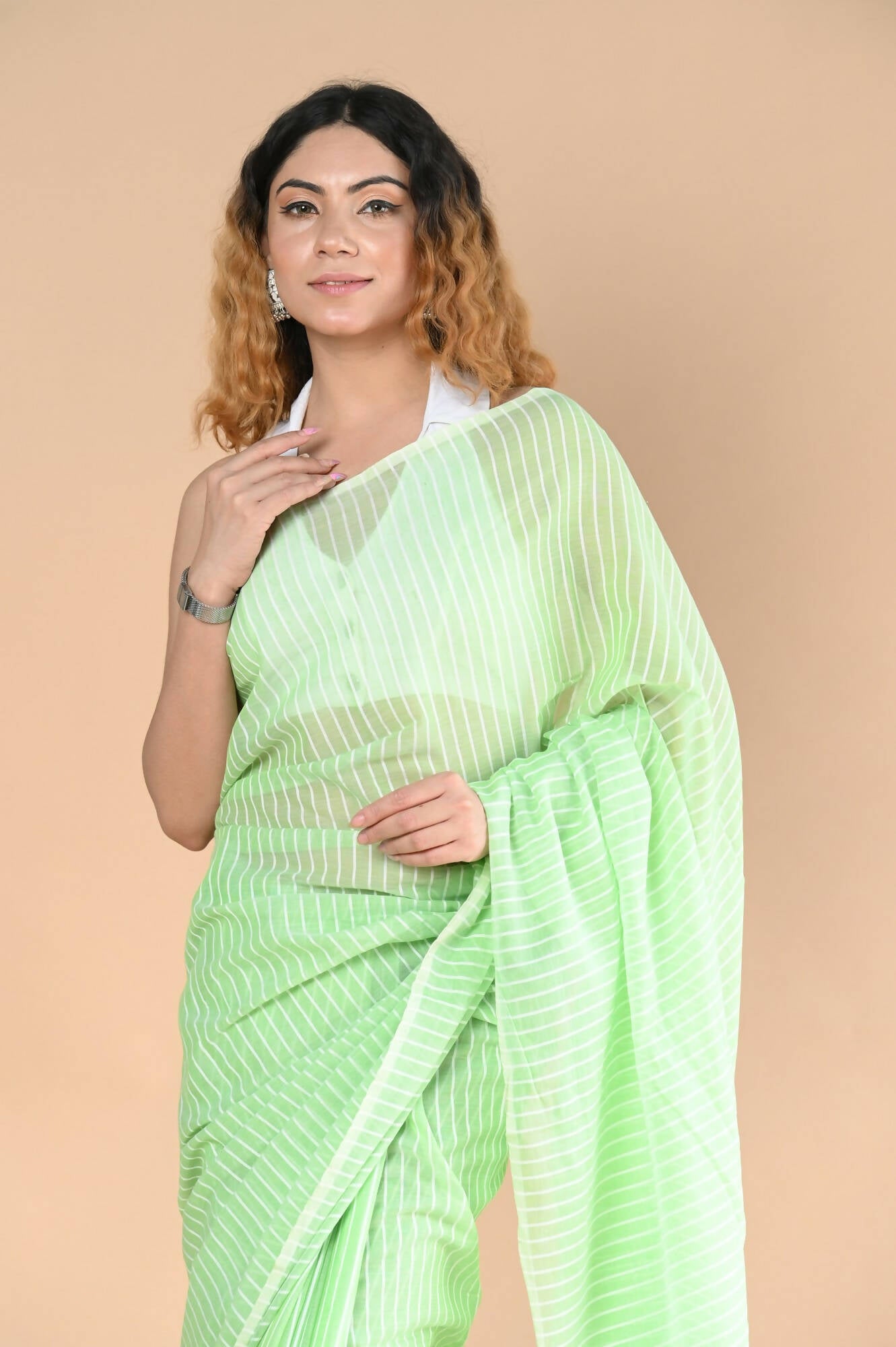 Very Much Indian Designer Pure Cotton Saree With All Over Linear Stripes - Fern Green - Distacart