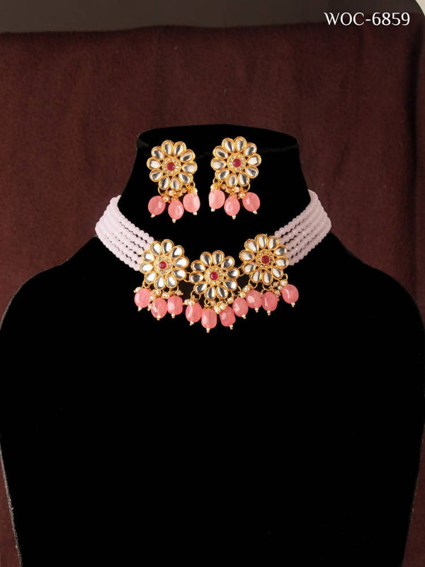 Mominos Fashion Johar Kamal Women's Pink Beads Pearls Gold-Plated Jewellery Set