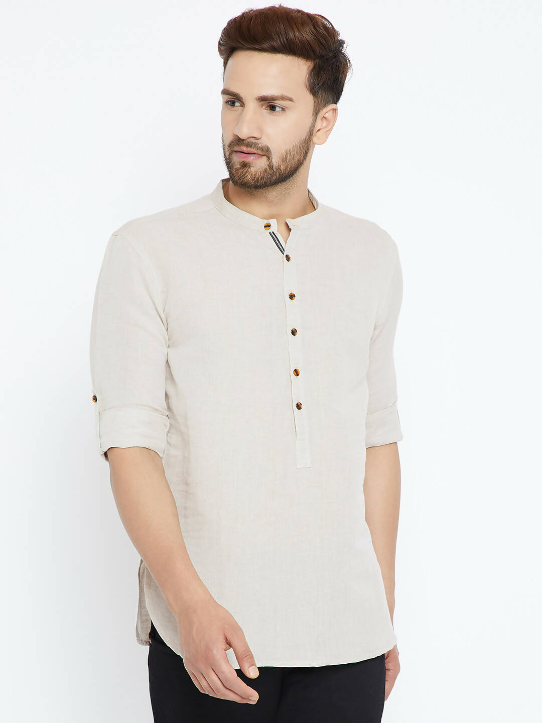 Even Apparels Beige Linen Linen Men's Kurta With Band Collar - Distacart
