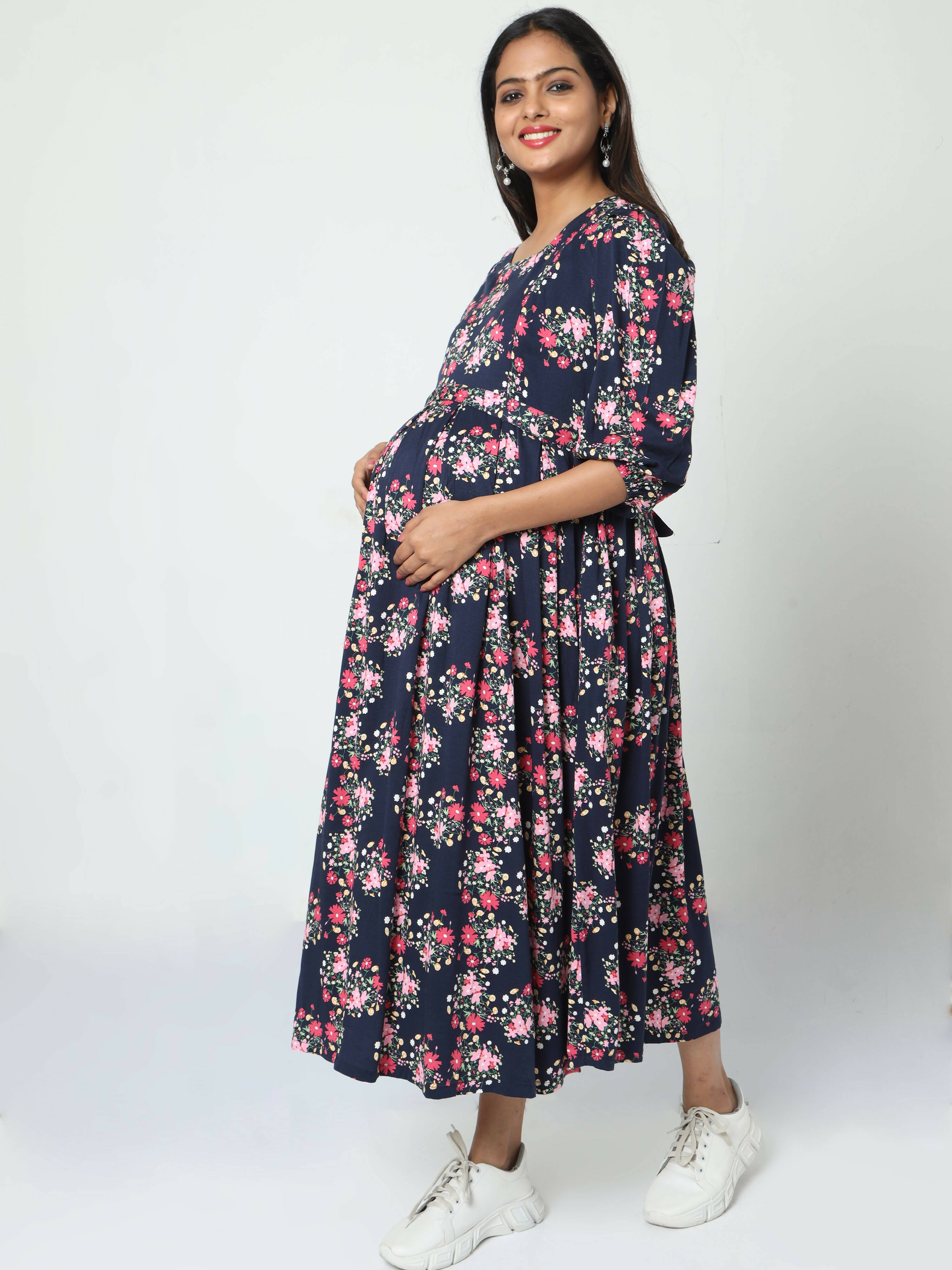 Manet Three Fourth Maternity Dress Floral Print With Concealed Zipper Nursing Access - Navy Blue - Distacart