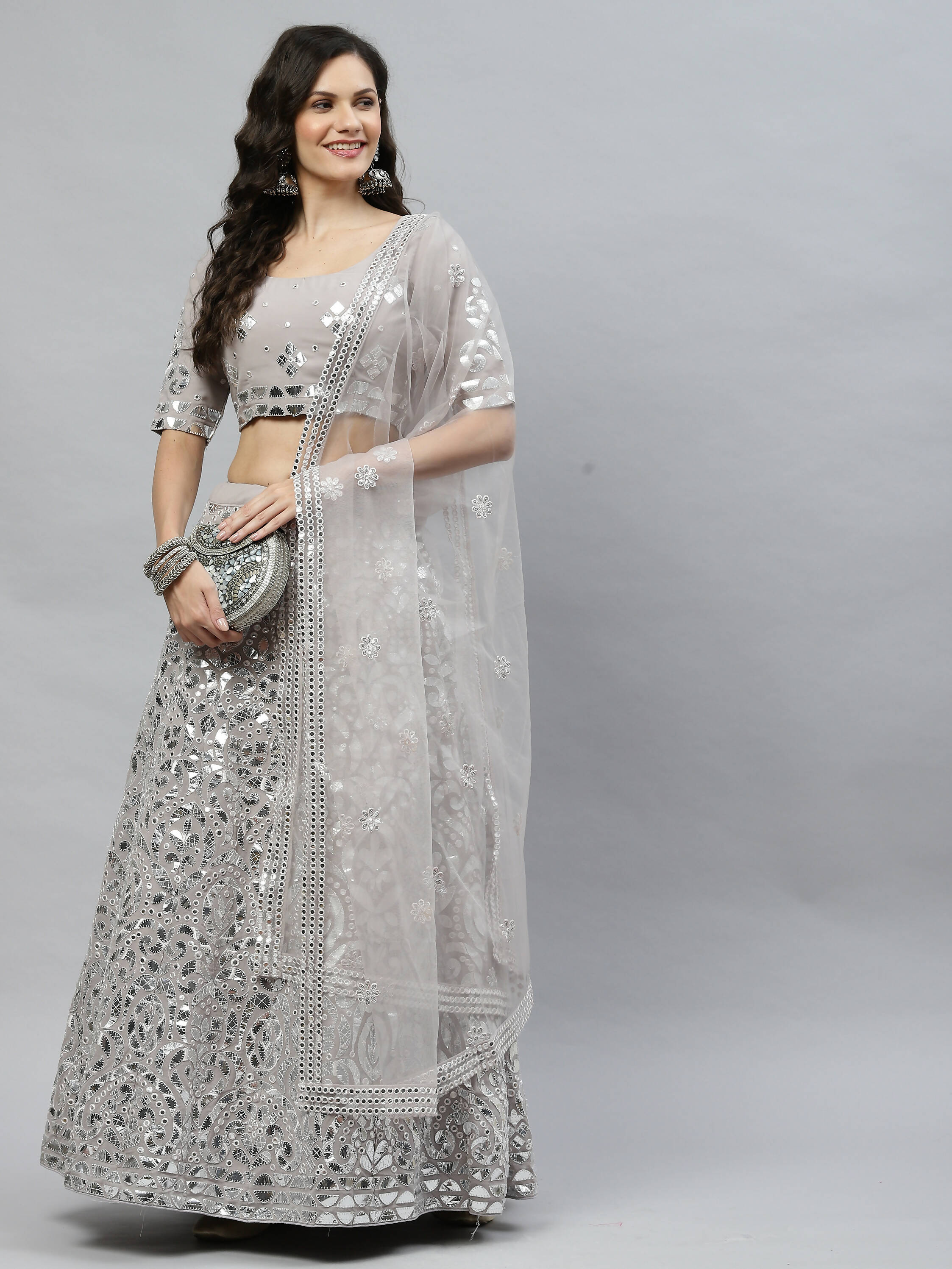 Grey Georgette Paper Mirror Embroidery Work Lehenga Choli with Dupatta - Jivika - Distacart