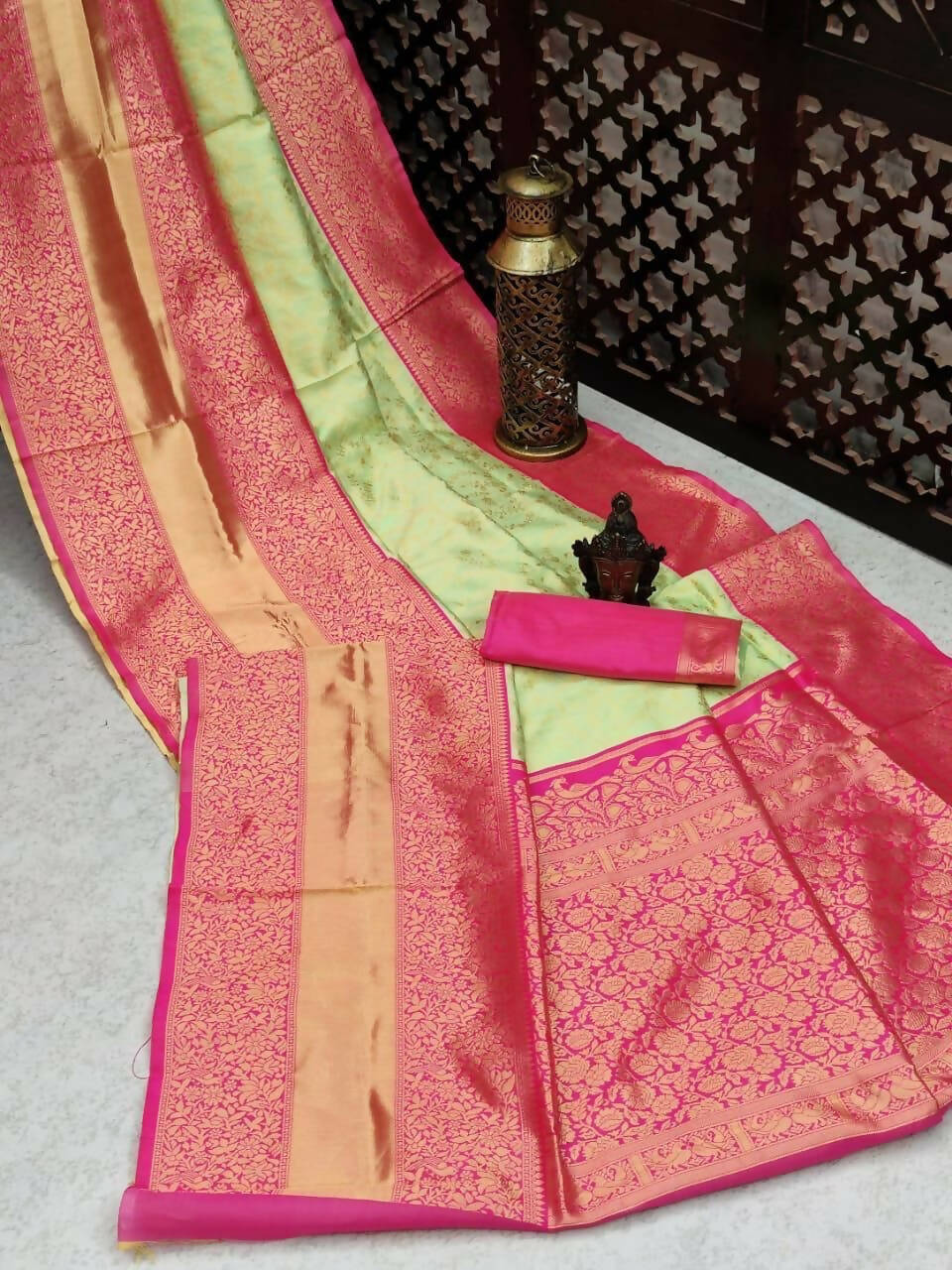 DEIANA'S Beautiful Golden Jari with New Design Soft Lichi Silk Saree - Pista - Distacart